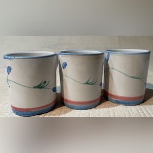 Vintage Caleca Mug Italy Hand Painted Pottery Blue Leaves Pink Flower Set of 3